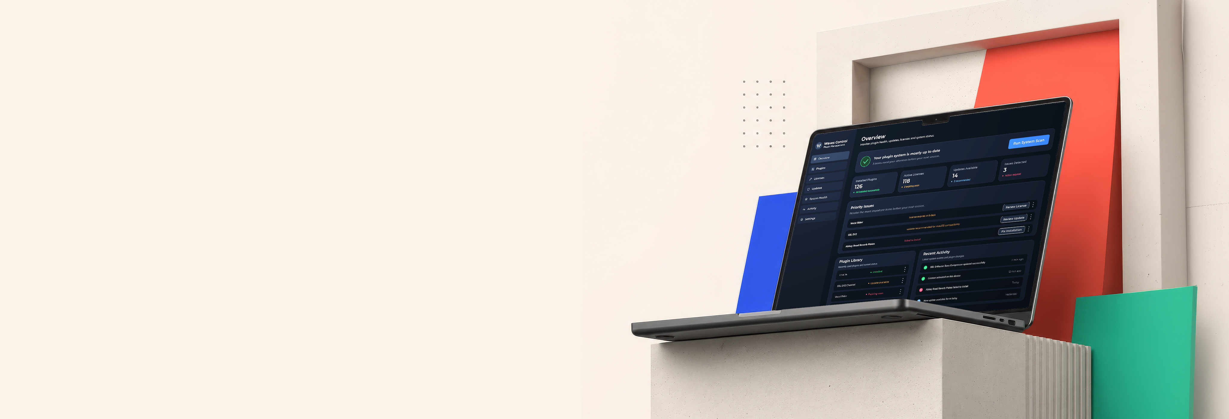 Waves Control Center dashboard on a laptop atop a geometric pedestal